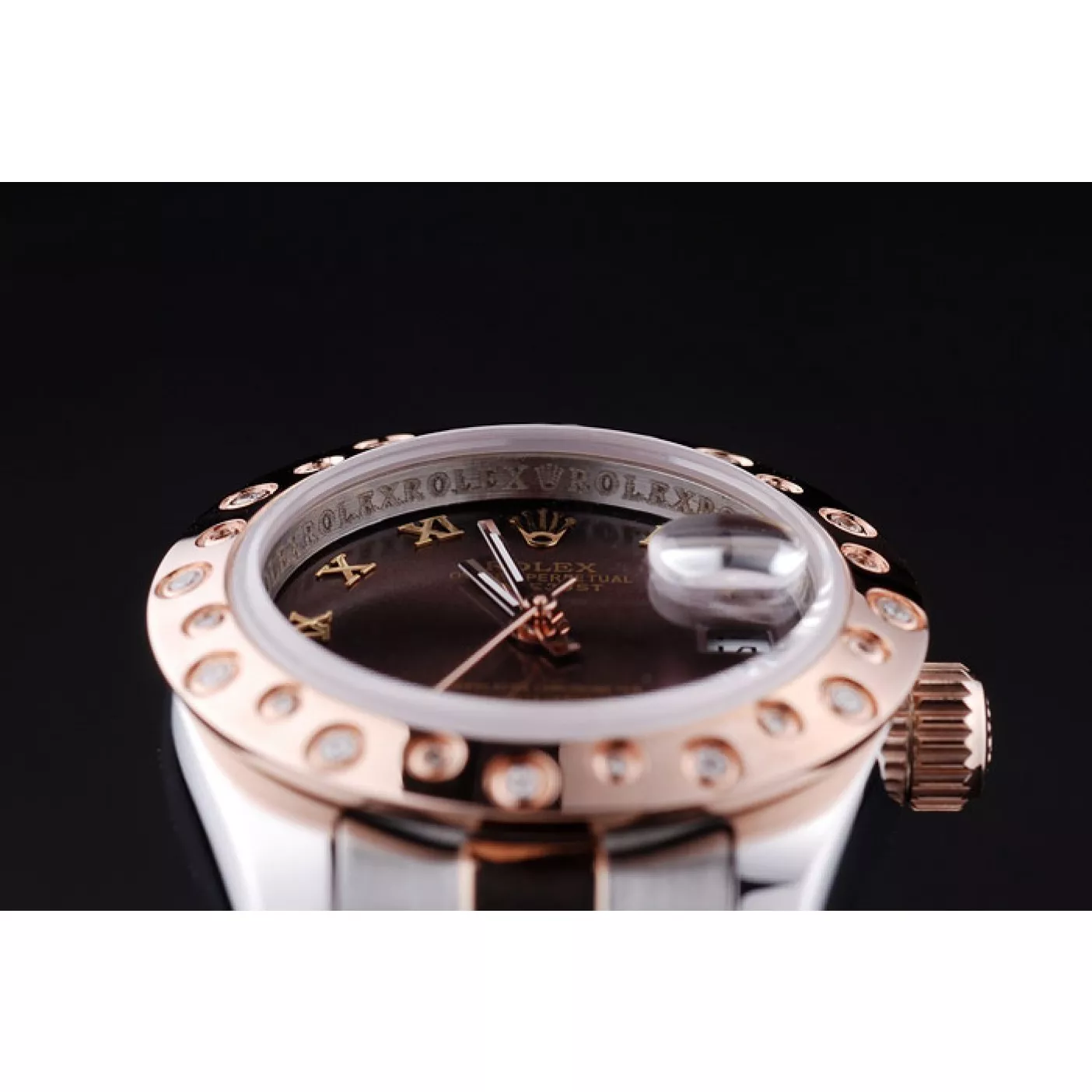 Fake Rolex Datejust Diamonds Rose Gold Polished Bezel Brown Dial 7475 0115