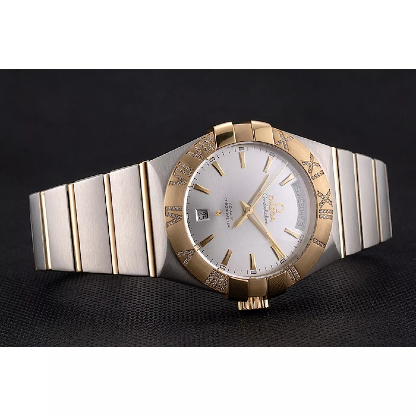 Fake Swiss Omega Constellation White Dial Stainless Steel Case Gold Bezel Two Tone Bracelet 0116