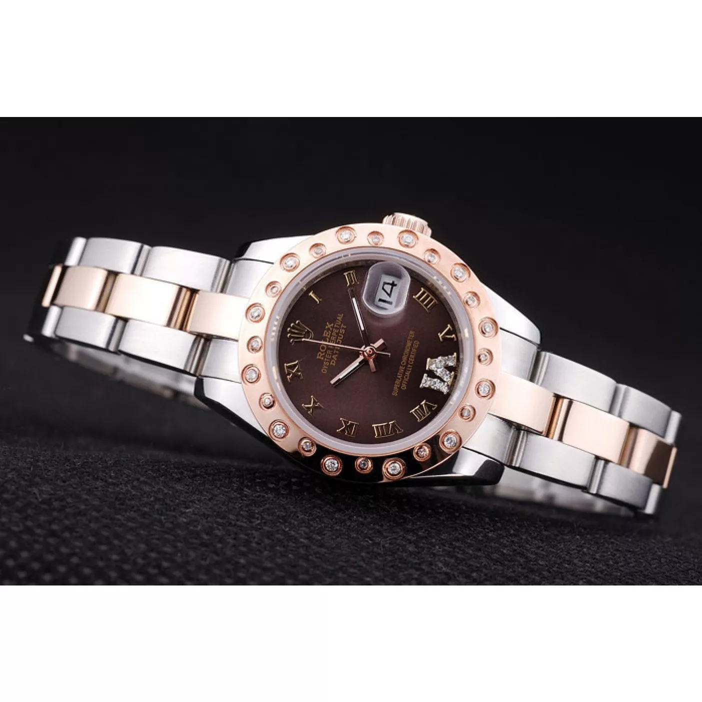 Fake Rolex Datejust Diamonds Rose Gold Polished Bezel Brown Dial 7475 0115