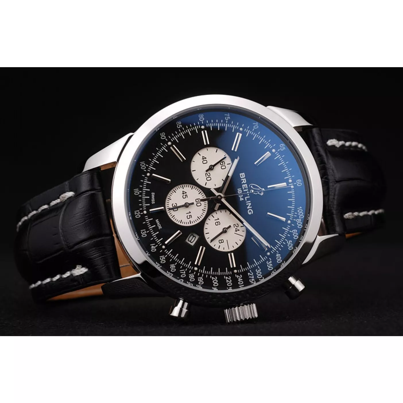 Affordable Breitling Transocean Black Dial Black Leather Strap Polished Stainless Steel Bezel 0113