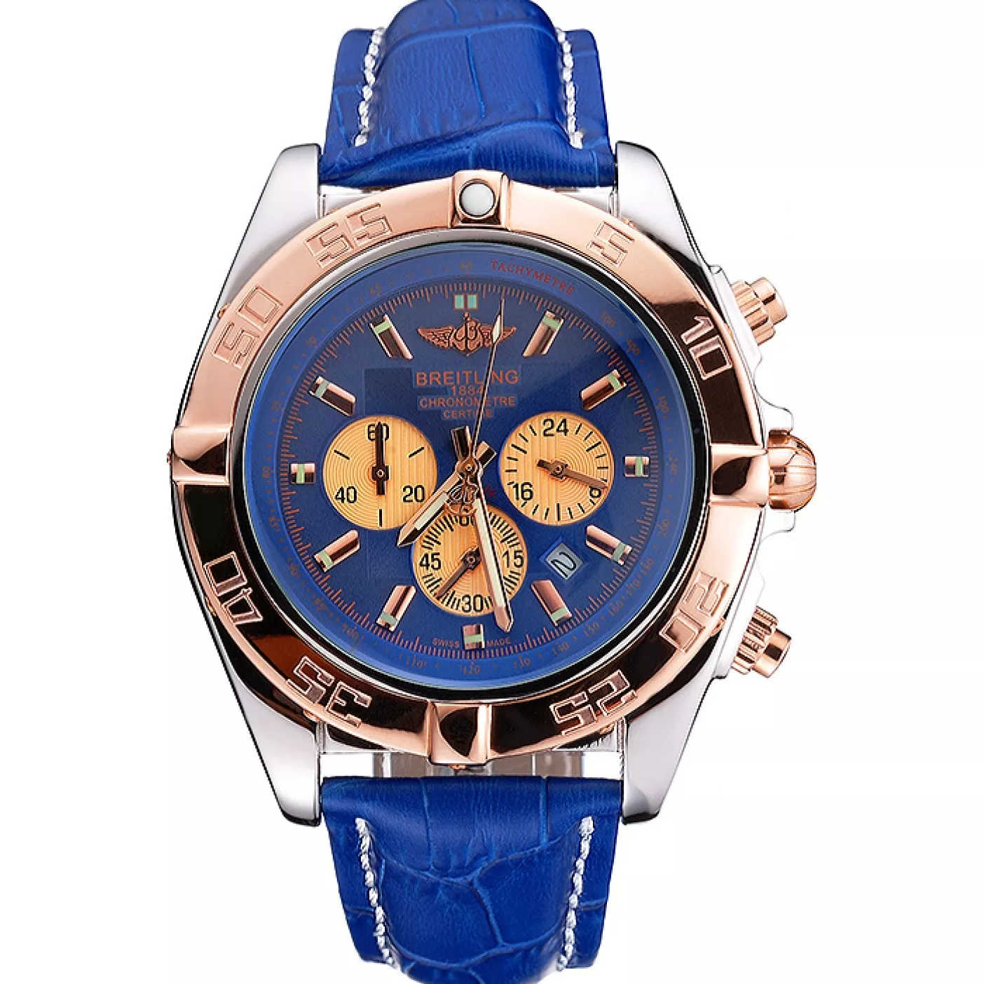 Breitling Chronomat Blue Dial Rose Gold Bezel And Subdials Stainless Steel Case Blue Leather Strap 0113