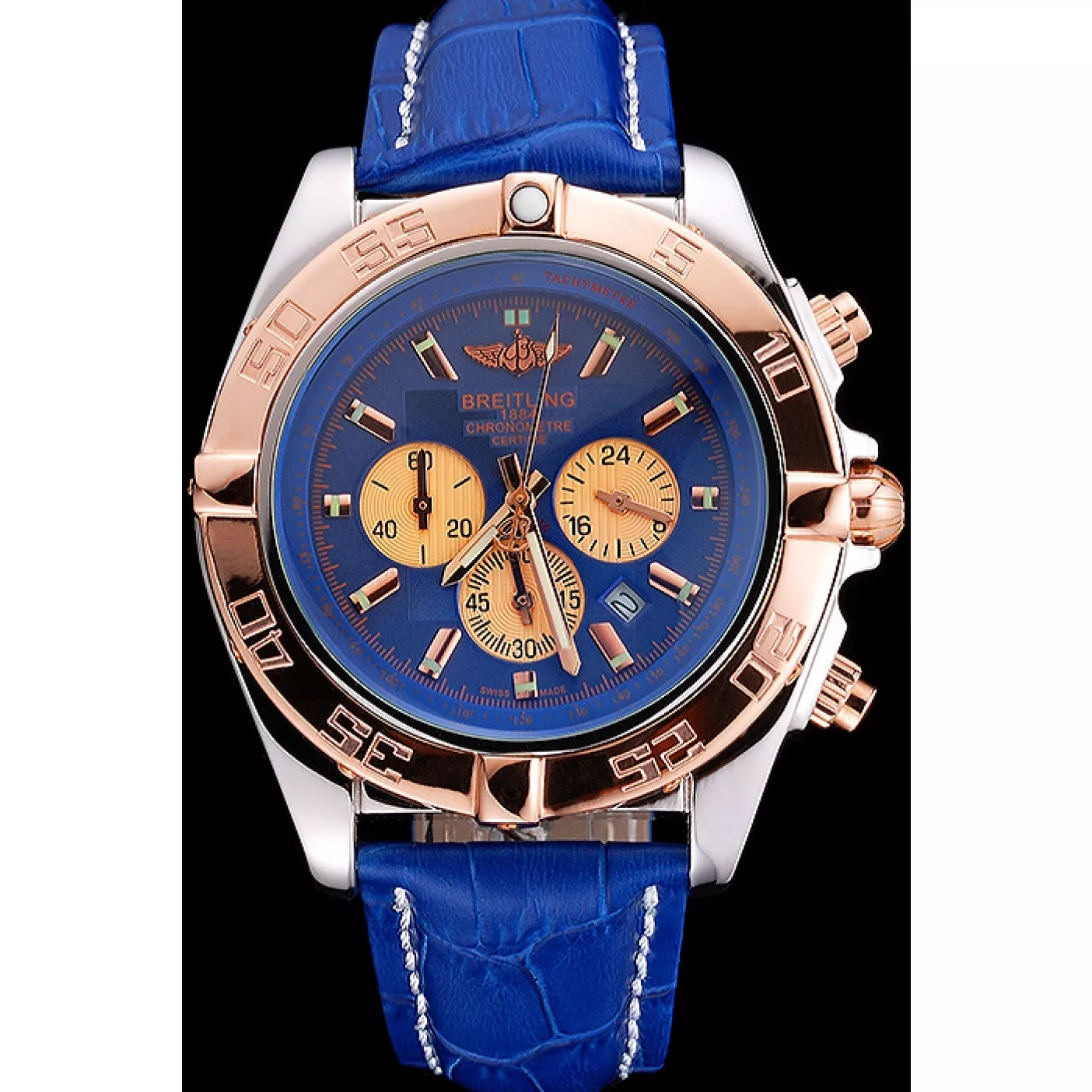 Affordable Breitling Chronomat Blue Dial Rose Gold Bezel And Subdials Stainless Steel Case Blue Leather Strap 0113