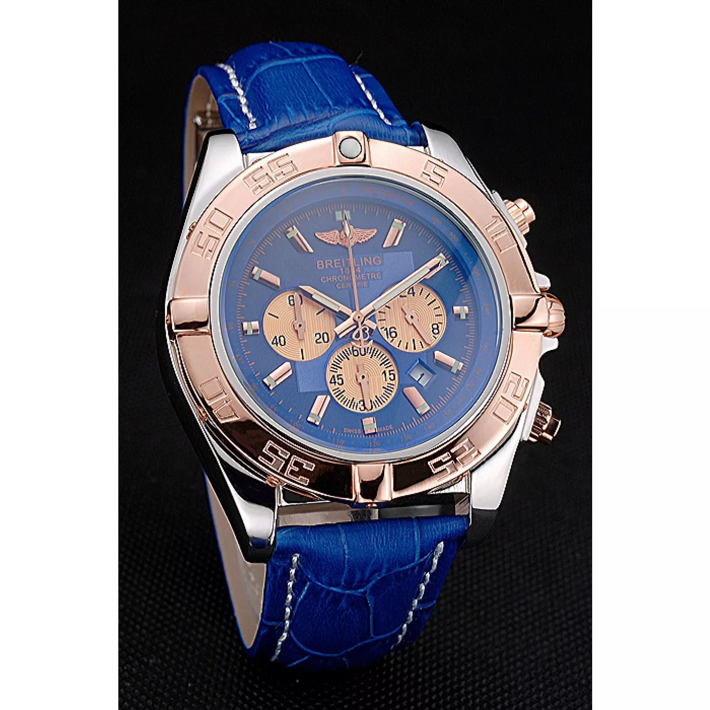 Affordable Breitling Chronomat Blue Dial Rose Gold Bezel And Subdials Stainless Steel Case Blue Leather Strap 0113