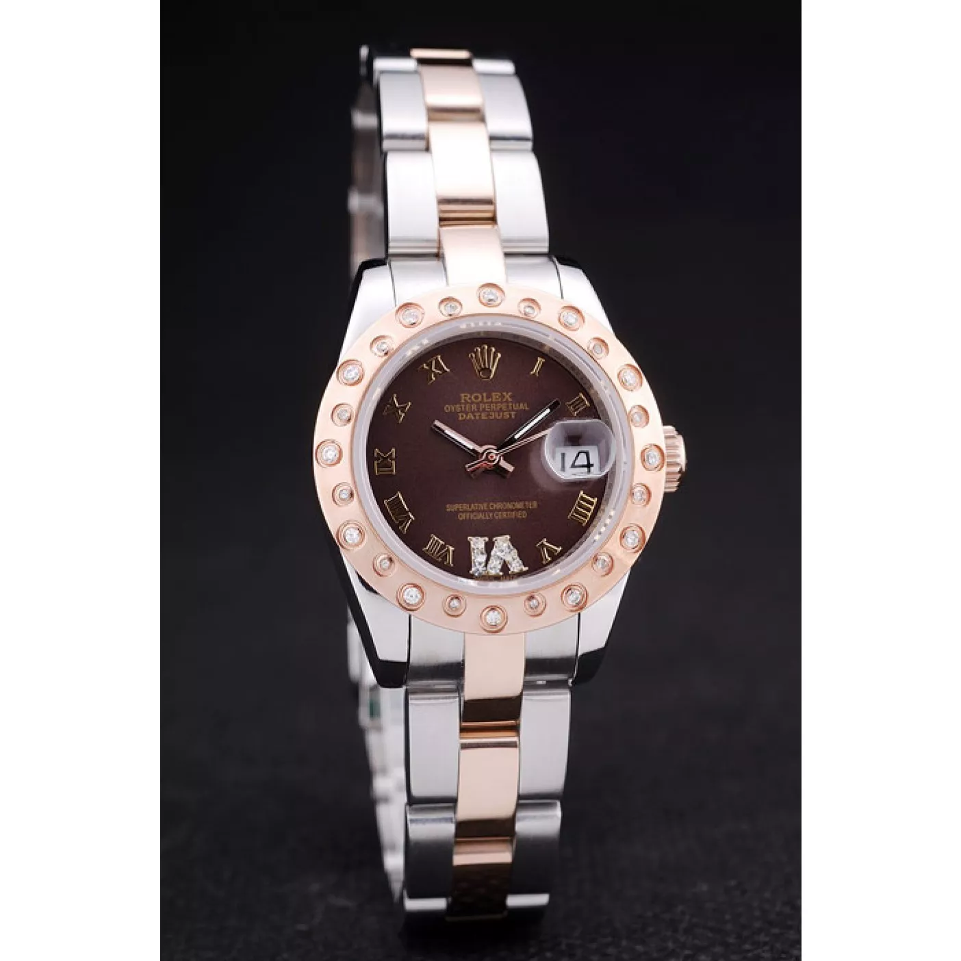 Fake Rolex Datejust Diamonds Rose Gold Polished Bezel Brown Dial 7475 0115