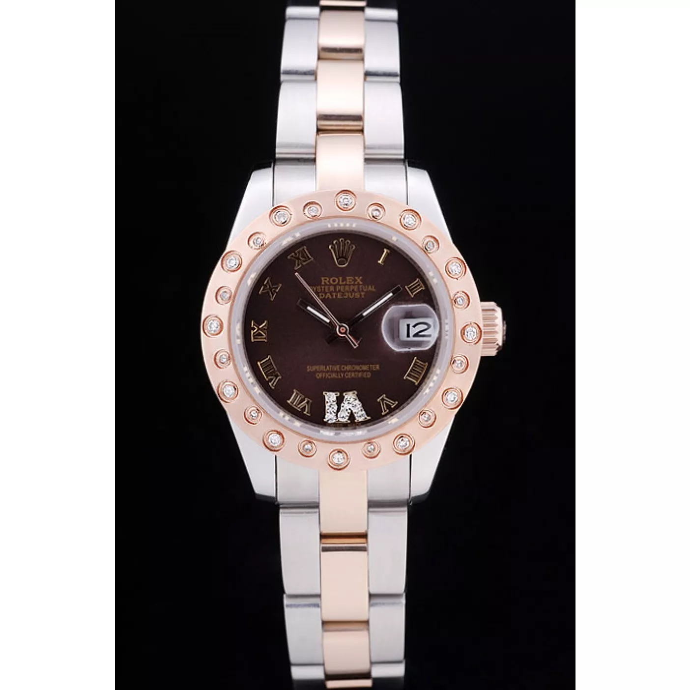 Fake Rolex Datejust Diamonds Rose Gold Polished Bezel Brown Dial 7475 0115