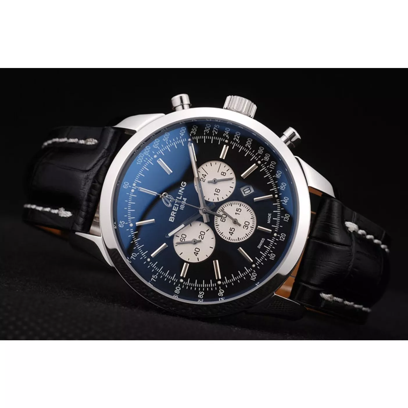 Affordable Breitling Transocean Black Dial Black Leather Strap Polished Stainless Steel Bezel 0113