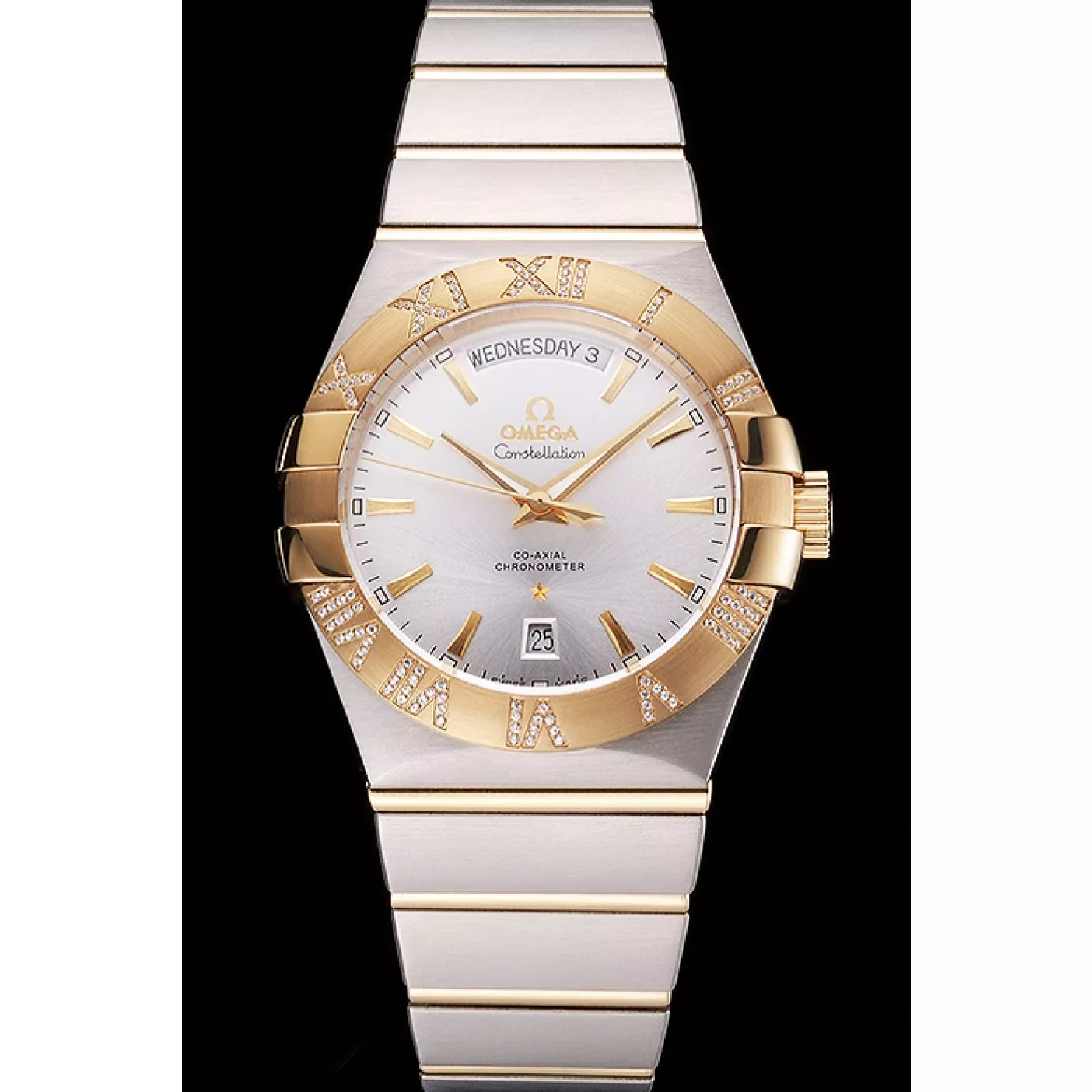 Fake Swiss Omega Constellation White Dial Stainless Steel Case Gold Bezel Two Tone Bracelet 0116