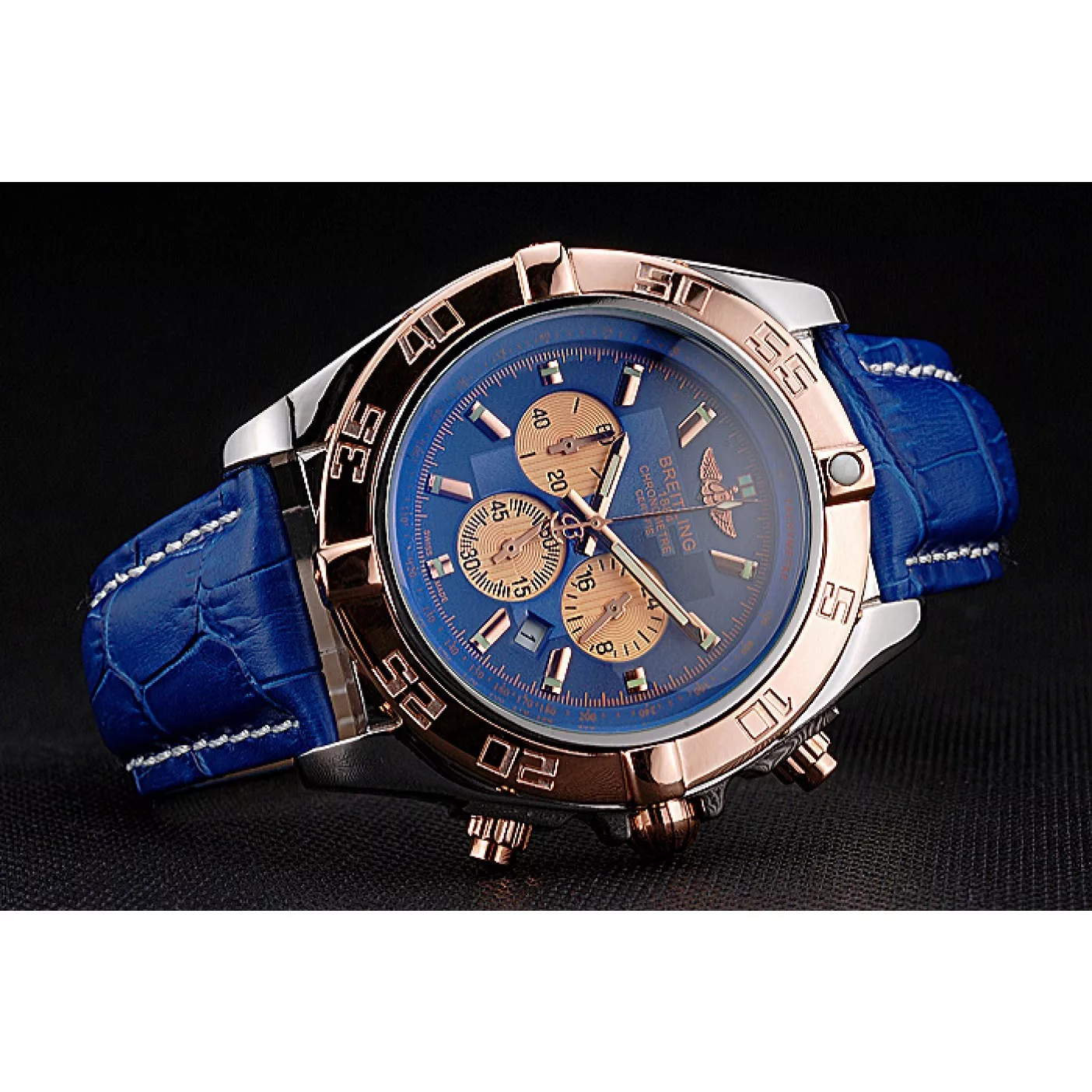 Affordable Breitling Chronomat Blue Dial Rose Gold Bezel And Subdials Stainless Steel Case Blue Leather Strap 0113