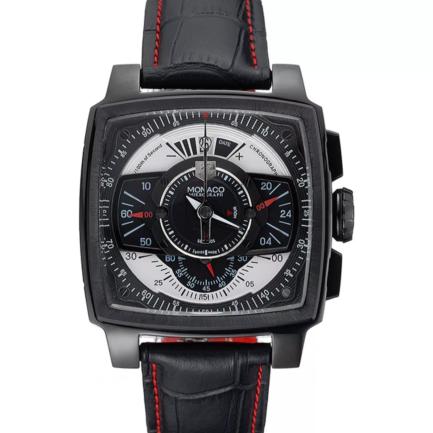 Tag Heuer Monaco Black-Red Perforated Leather Strap Black Dial 80309 0112