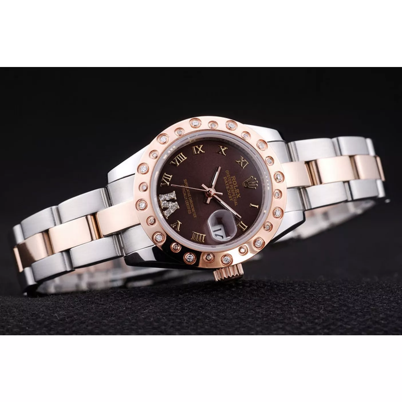 Fake Rolex Datejust Diamonds Rose Gold Polished Bezel Brown Dial 7475 0115