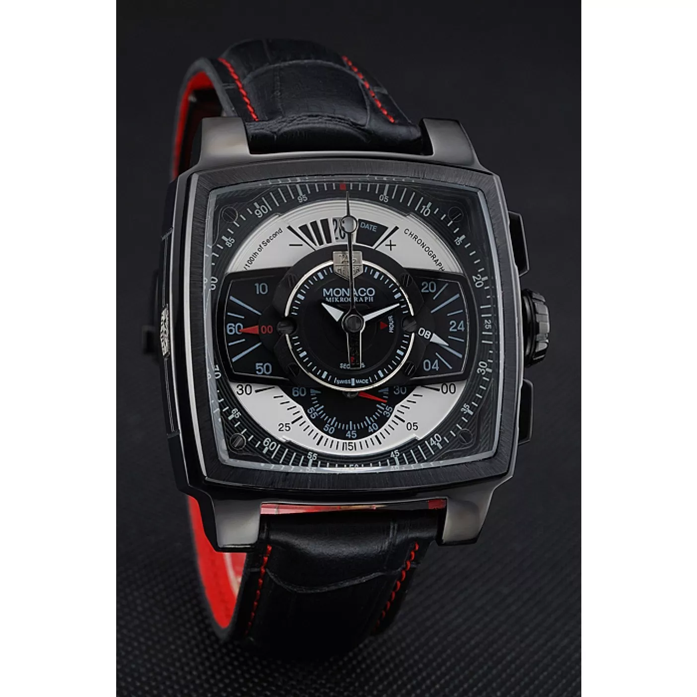 Affordable Tag Heuer Monaco Black-Red Perforated Leather Strap Black Dial 80309 0112