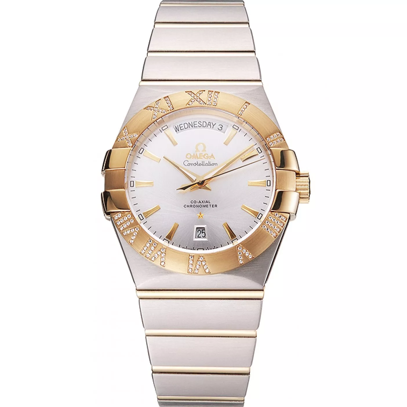 Swiss Omega Constellation White Dial Stainless Steel Case Gold Bezel Two Tone Bracelet 0116