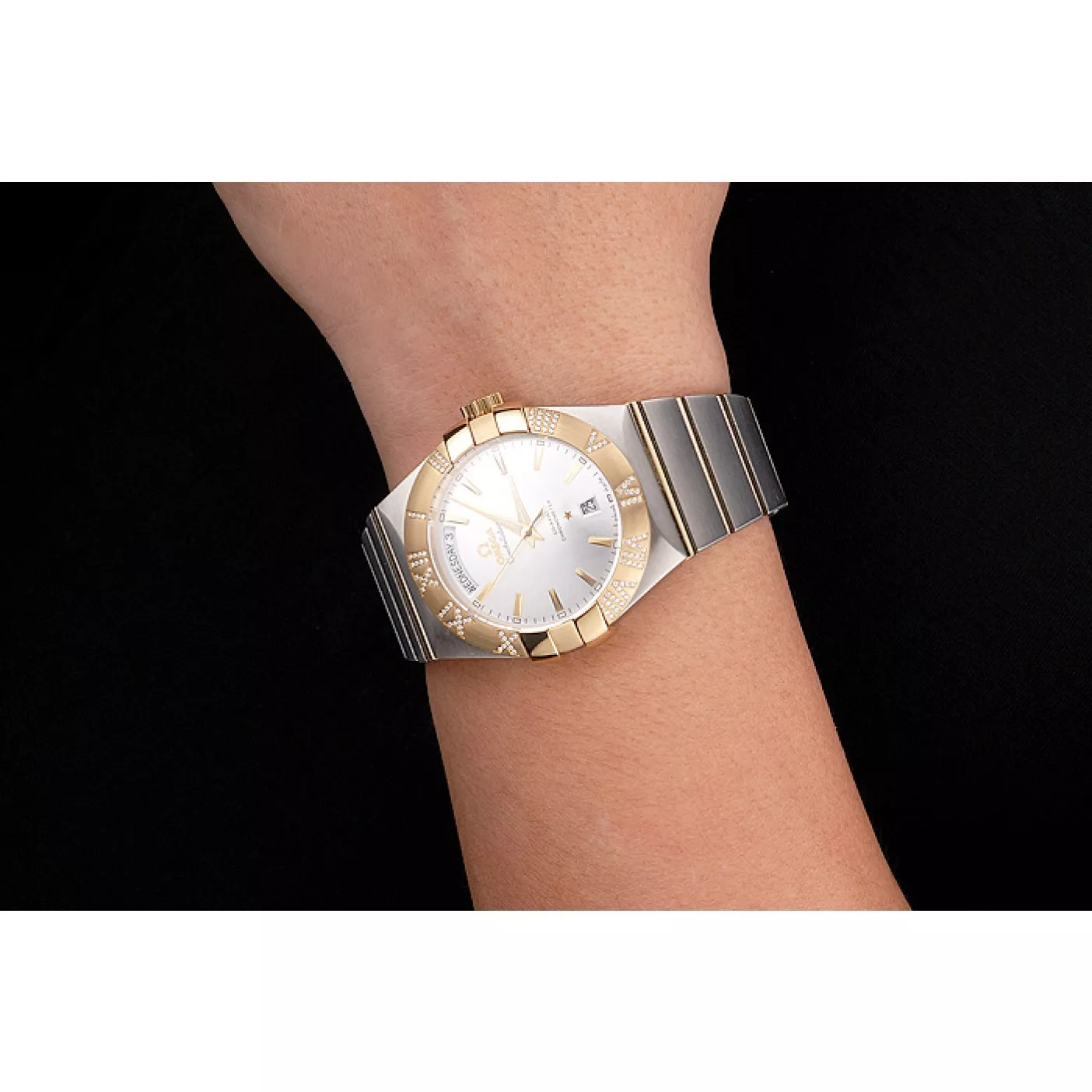 Fake Swiss Omega Constellation White Dial Stainless Steel Case Gold Bezel Two Tone Bracelet 0116