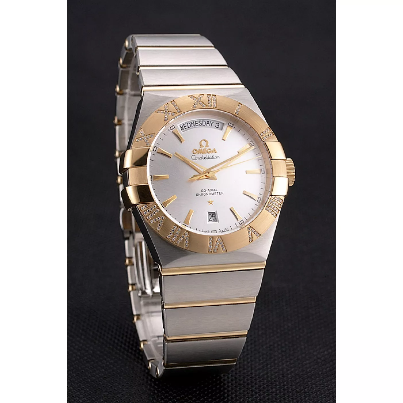 Fake Swiss Omega Constellation White Dial Stainless Steel Case Gold Bezel Two Tone Bracelet 0116