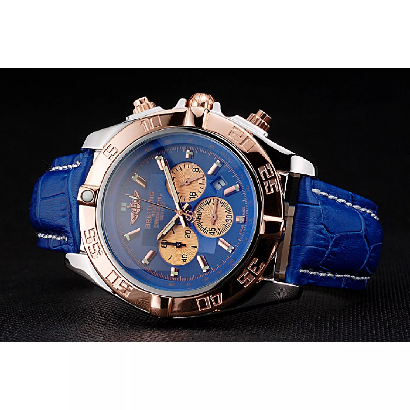 Affordable Breitling Chronomat Blue Dial Rose Gold Bezel And Subdials Stainless Steel Case Blue Leather Strap 0113