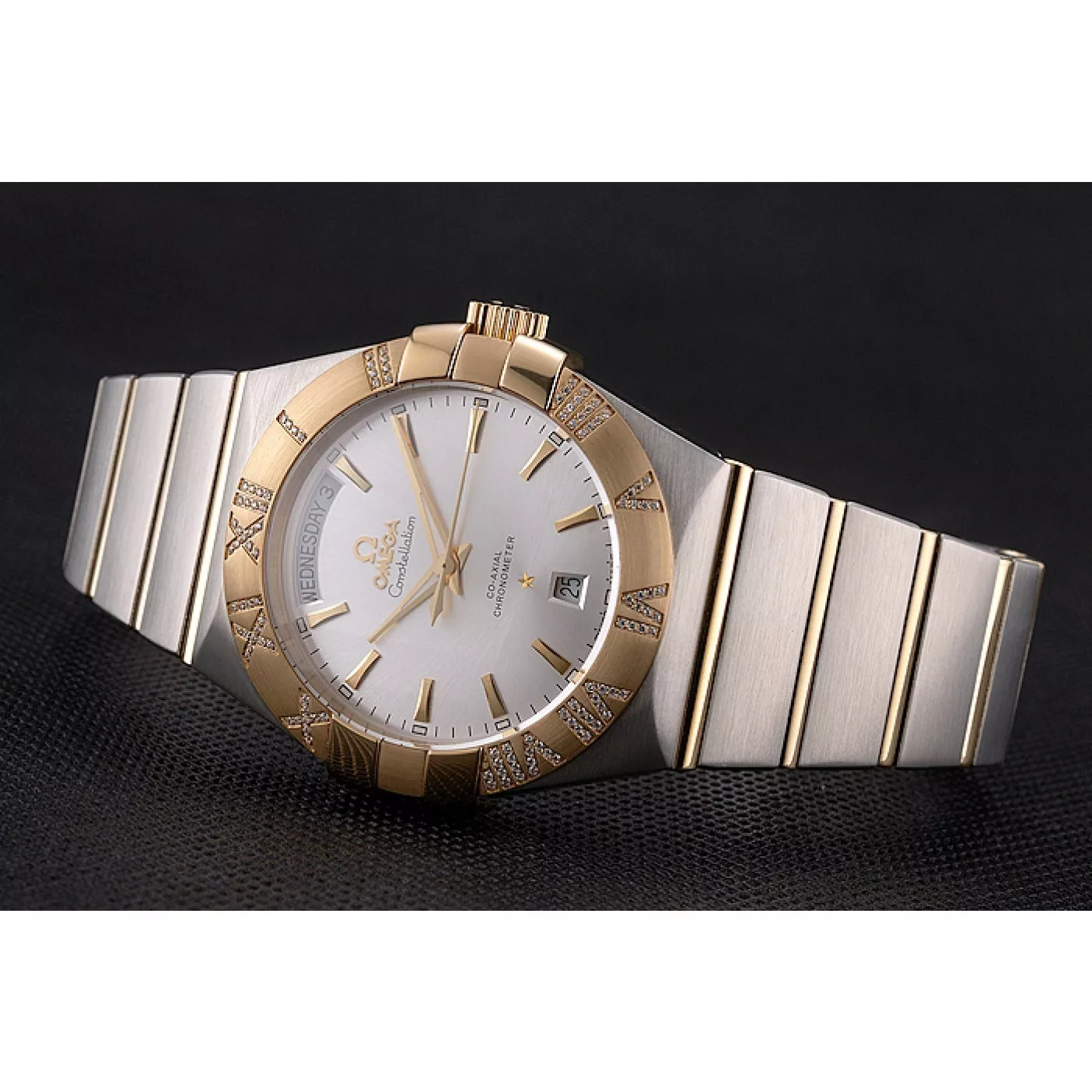 Fake Swiss Omega Constellation White Dial Stainless Steel Case Gold Bezel Two Tone Bracelet 0116